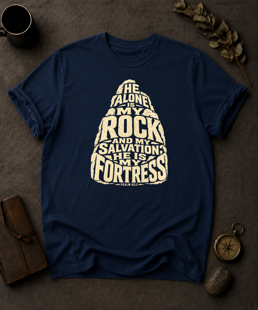 navy Comfort Colors t-shirt with rock-shaped typography design, Psalm 62:2 — 'He Alone Is My Rock and My Salvation'