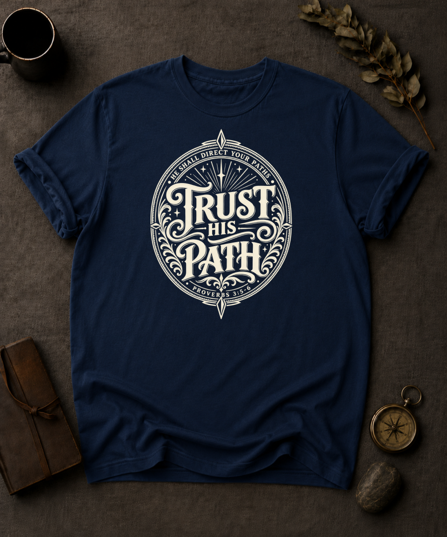 navy Comfort Colors t-shirt with vintage compass design, Proverbs 3:5-6 — 'Trust in the Lord with All Your Heart'
