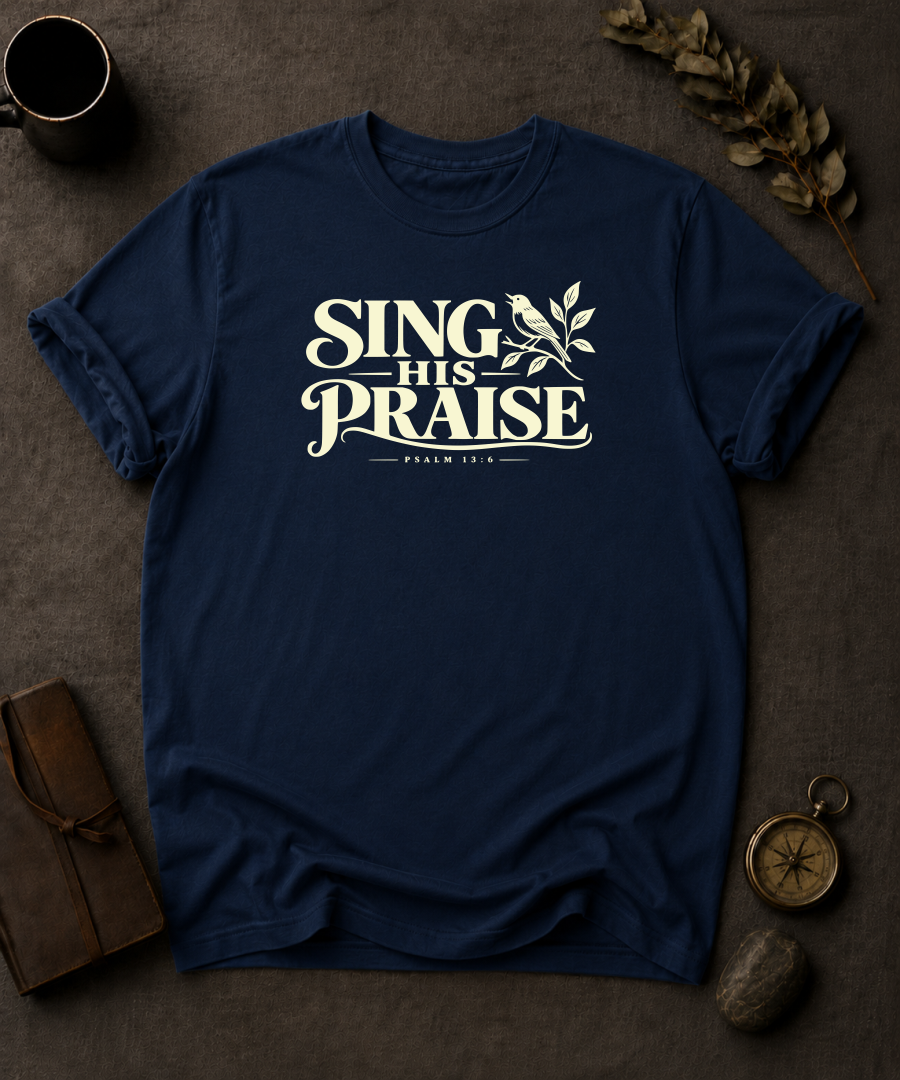 navy Comfort Colors t-shirt with bird and branch illustration, Psalm 13:6 — 'Sing His Praise'