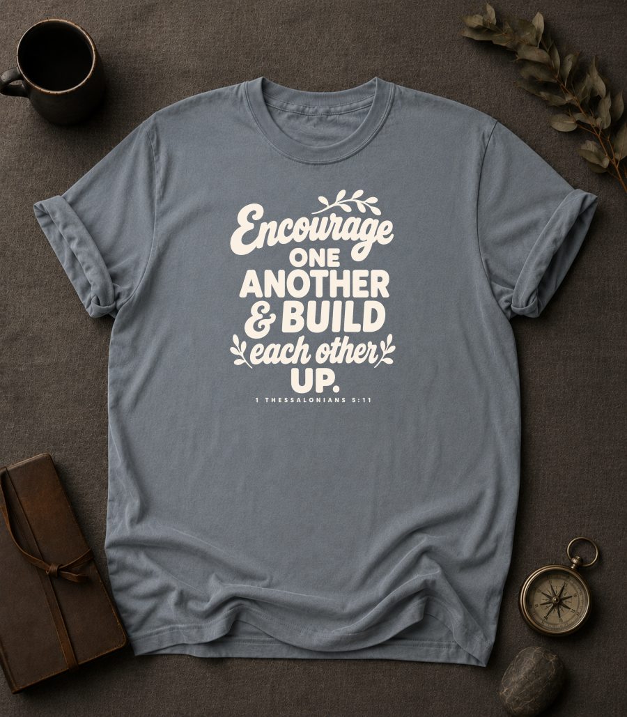 granite Comfort Colors t-shirt with hand-lettered "Encourage One Another & Build Each Other Up" 1 Thessalonians 5:11 design in Bay colorway, styled with coffee mug, compass, and leather journal