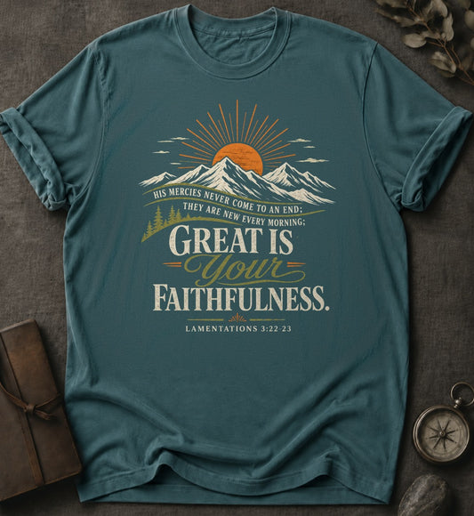 Great Is Your Faithfulness Christian T-Shirt in Blue Spruce - Comfort Colors 1717 | To His Glory Club