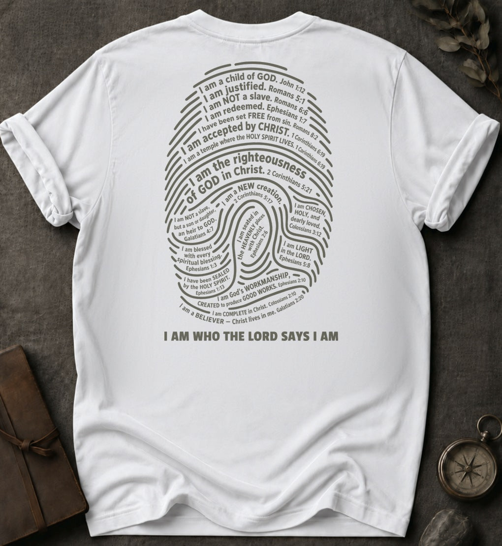 I Am Who The Lord Says I Am Christian T-Shirt (Back Print) in White - Comfort Colors 1717 | To His Glory Club