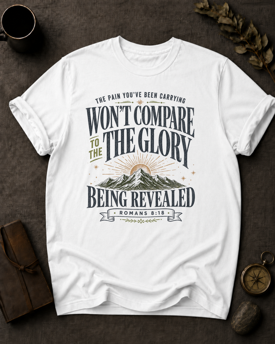 white Comfort Colors t-shirt with mountain sunrise design and Romans 8:18 — 'Won't compare to the glory being revealed