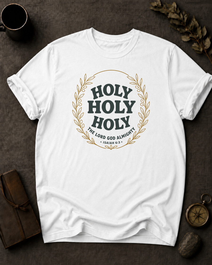 white Comfort Colors t-shirt with "Holy Holy Holy" Isaiah 6:3 wreath