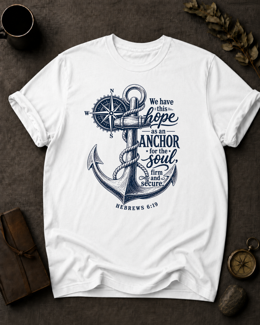 white Comfort Colors t-shirt with navy anchor and compass design, Hebrews 6:19 — 'We have this hope as an anchor for the soul'