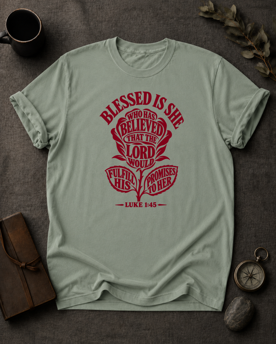 Blessed Is She Luke 1:45 Christian T-Shirt in Blue Spruce - Comfort Colors 1717 | To His Glory Club
