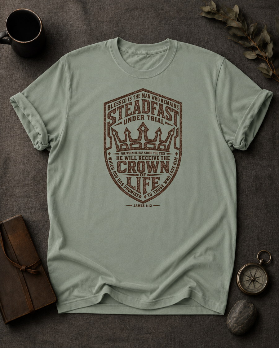 Steadfast Under Trial James 1:12 Christian T-Shirt in Moss - Comfort Colors 1717 | To His Glory Club
