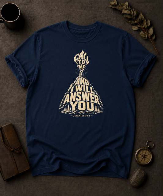 navy Comfort Colors t-shirt with campfire design, Jeremiah 33:3 — 'Call to Me and I Will Answer You'