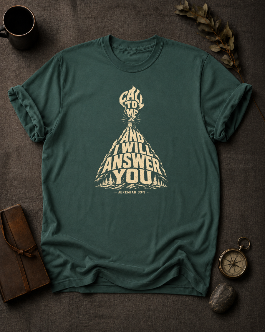 blue spruce Comfort Colors t-shirt with campfire design, Jeremiah 33:3 — 'Call to Me and I Will Answer You'