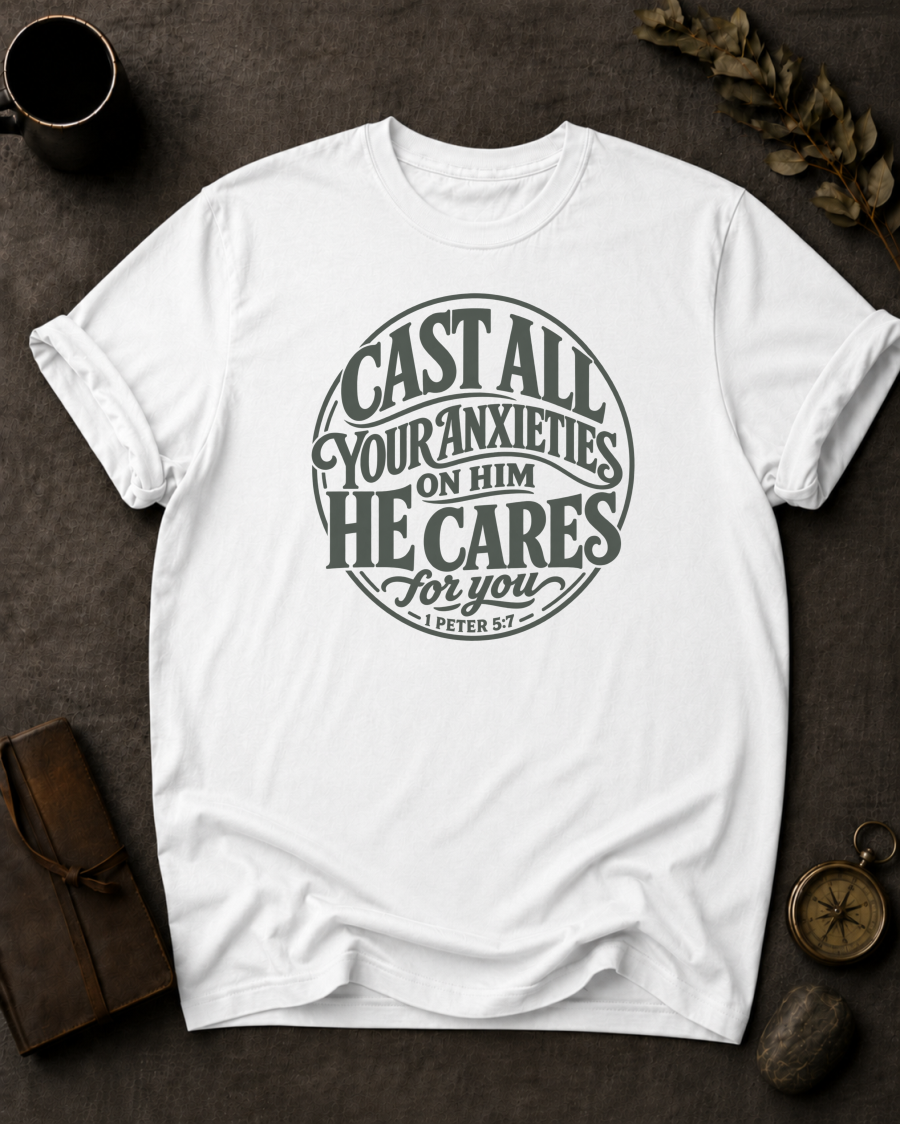 white Comfort Colors t-shirt with vintage typography design, 1 Peter 5:7 — 'Cast All Your Anxieties on Him, He Cares for You'