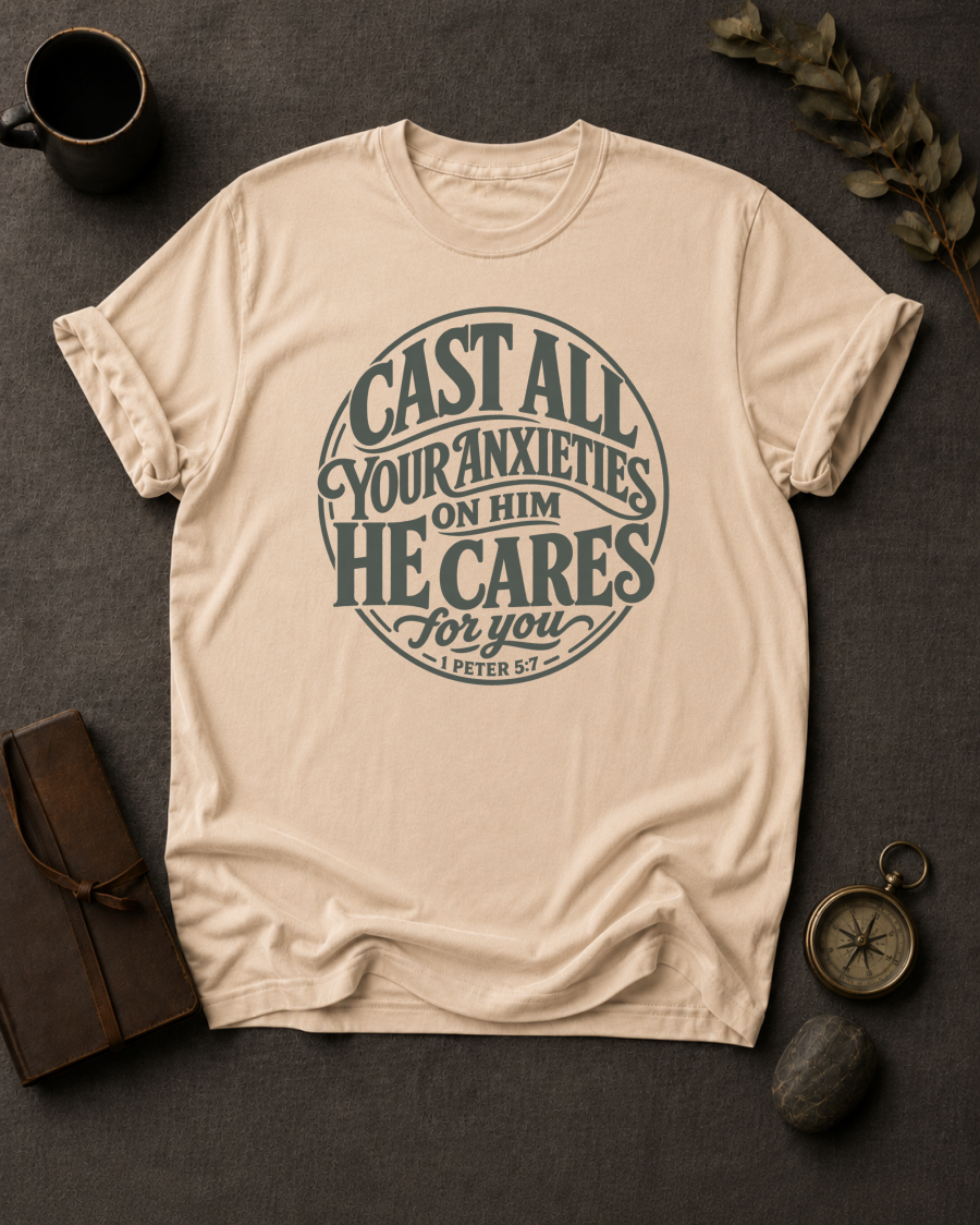 ivory Comfort Colors t-shirt with vintage typography design, 1 Peter 5:7 — 'Cast All Your Anxieties on Him, He Cares for You'