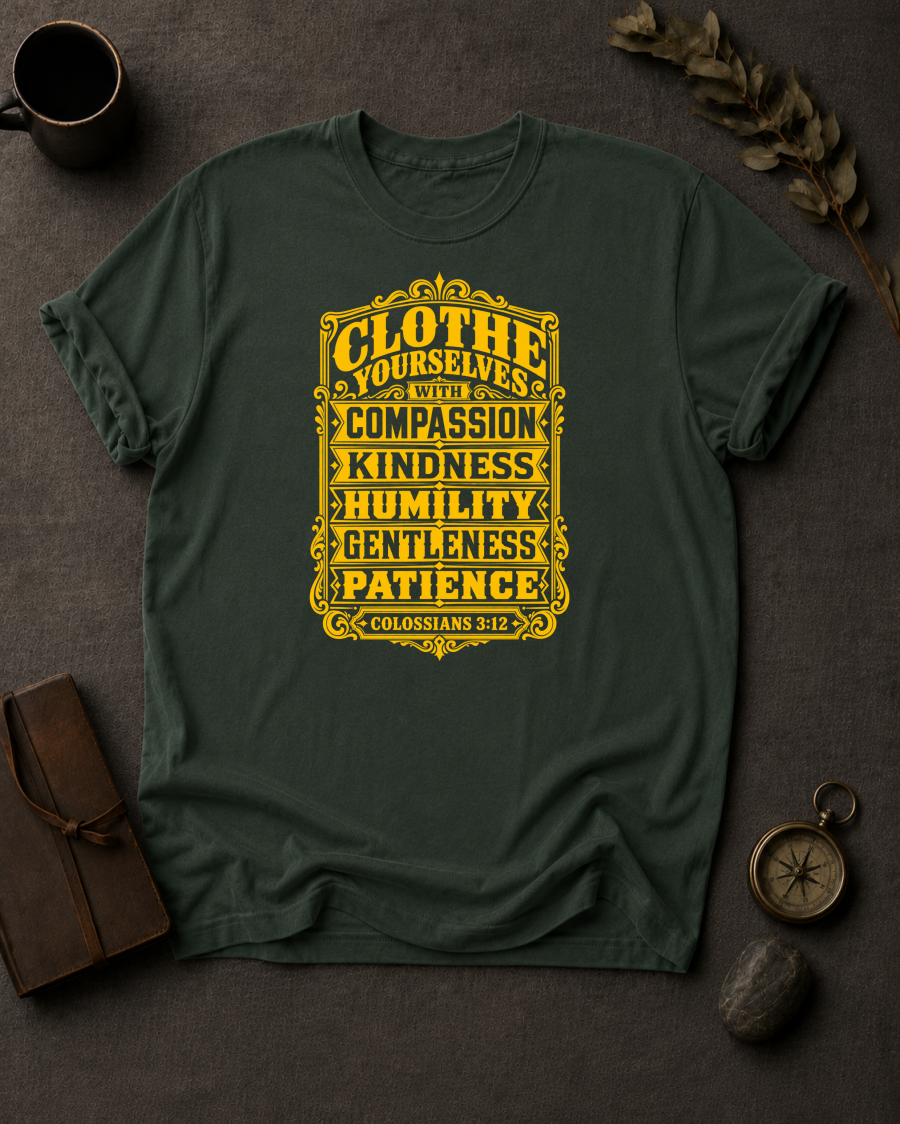 moss Comfort Colors t-shirt with vintage typography design, Colossians 3:12 — 'Clothe Yourselves with Compassion, Kindness, Humility, Gentleness and Patience'