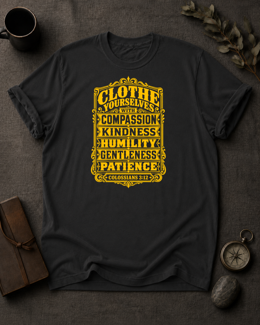 black Comfort Colors t-shirt with vintage typography design, Colossians 3:12 — 'Clothe Yourselves with Compassion, Kindness, Humility, Gentleness and Patience'