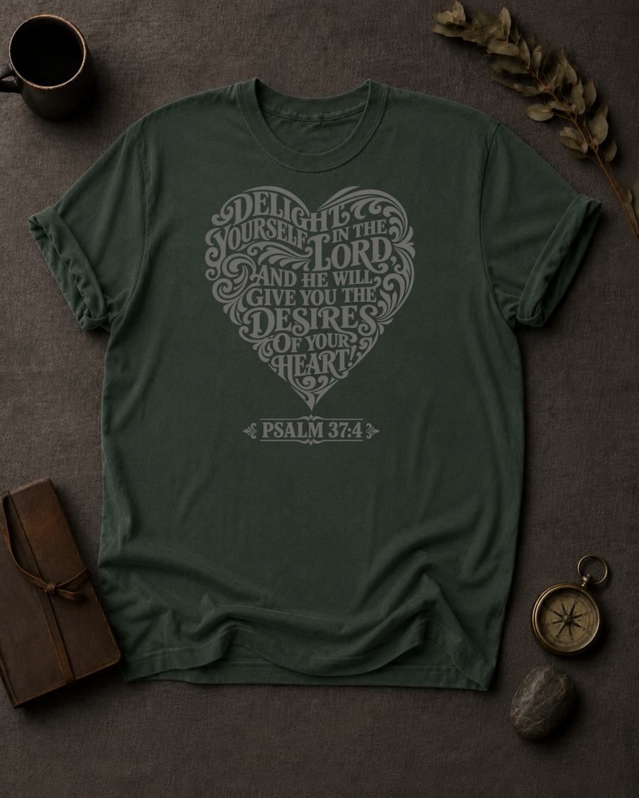 moss Comfort Colors t-shirt with heart-shaped typography design, Psalm 37:4 — 'Delight Yourself in the Lord'