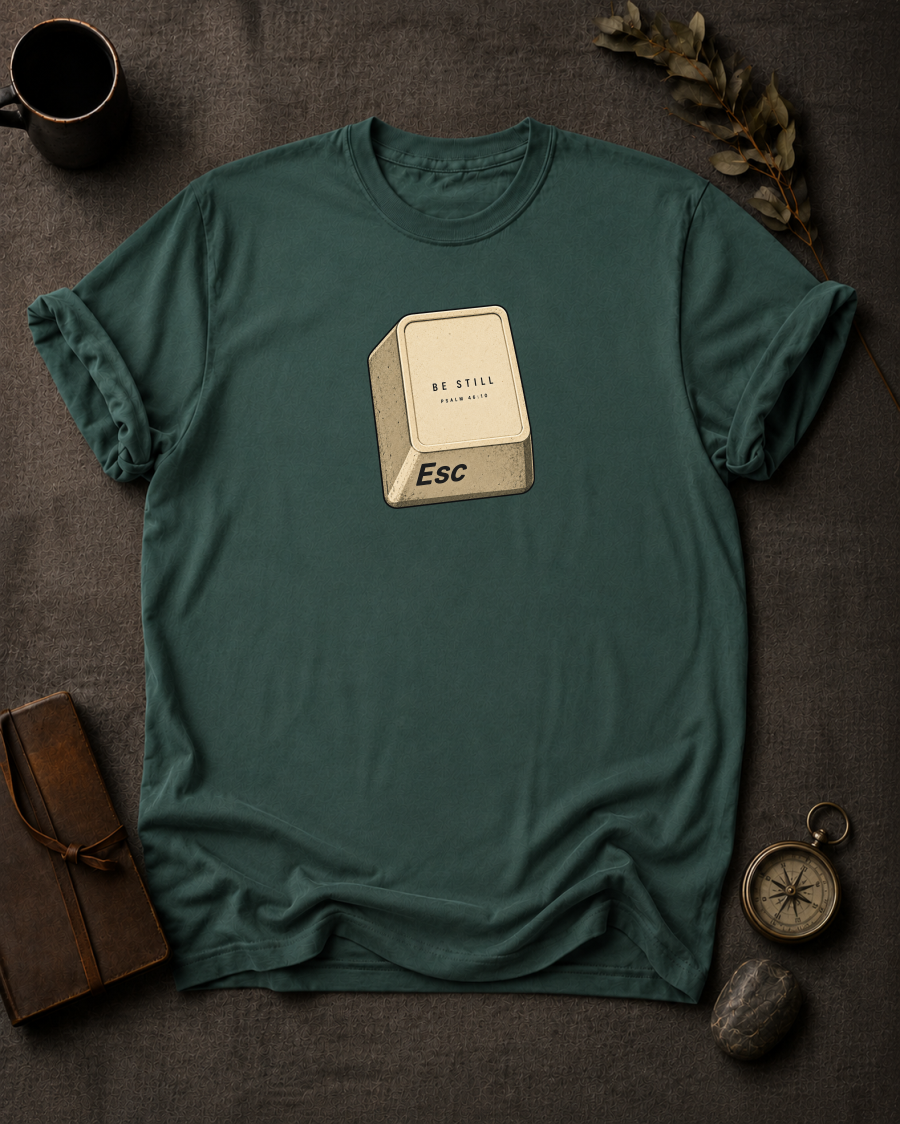 moss Comfort Colors t-shirt with ESC key design, Psalm 46:10 — 'Be Still, and Know That I Am God'