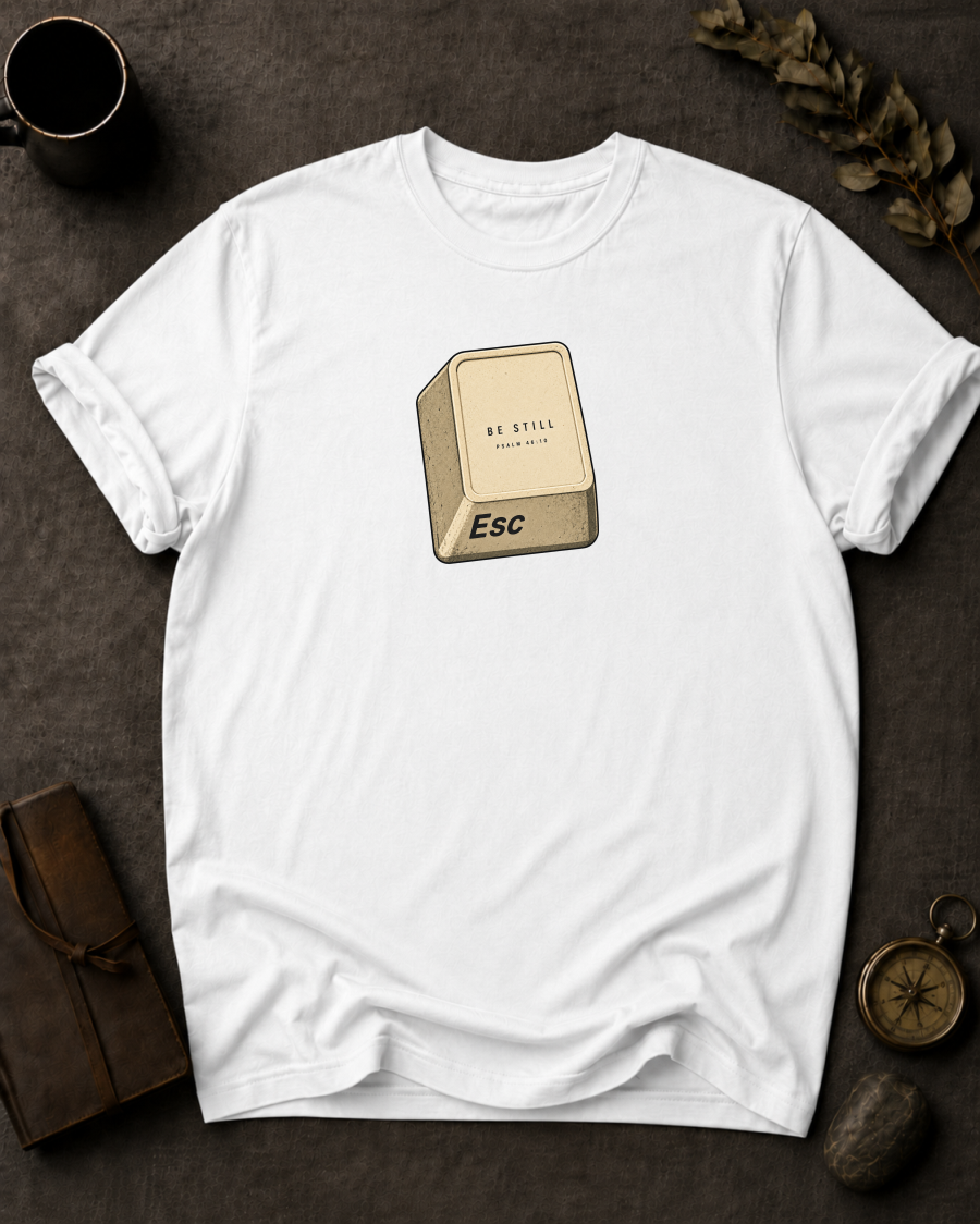 white Comfort Colors t-shirt with ESC key design, Psalm 46:10 — 'Be Still, and Know That I Am God'