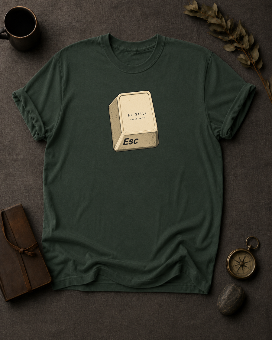 blue spruce Comfort Colors t-shirt with ESC key design, Psalm 46:10 — 'Be Still, and Know That I Am God'