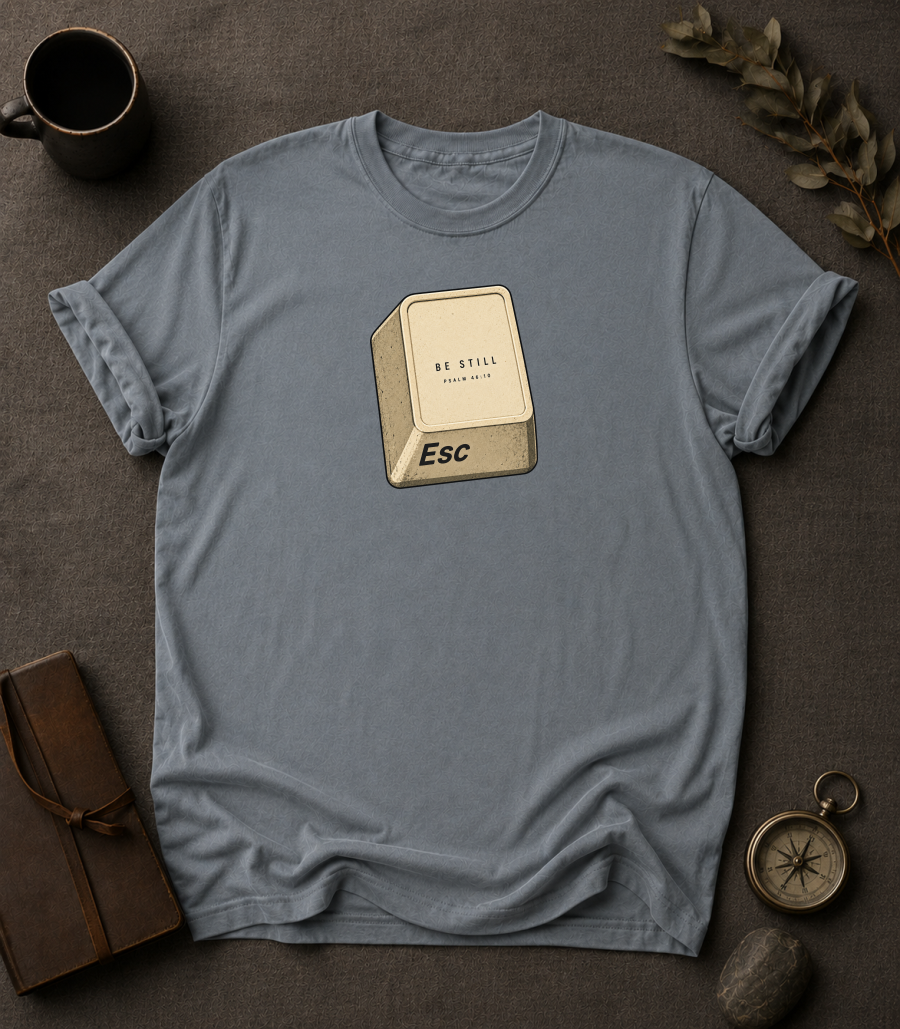 granite Comfort Colors t-shirt with ESC key design, Psalm 46:10 — 'Be Still, and Know That I Am God'