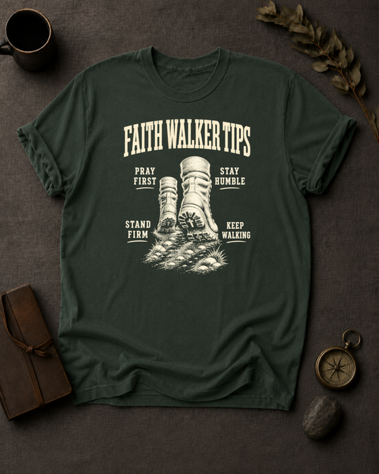 moss Comfort Colors t-shirt with hiking boot illustration — 'Faith Walker Tips: Pray First, Stay Humble, Stand Firm, Keep Walking'