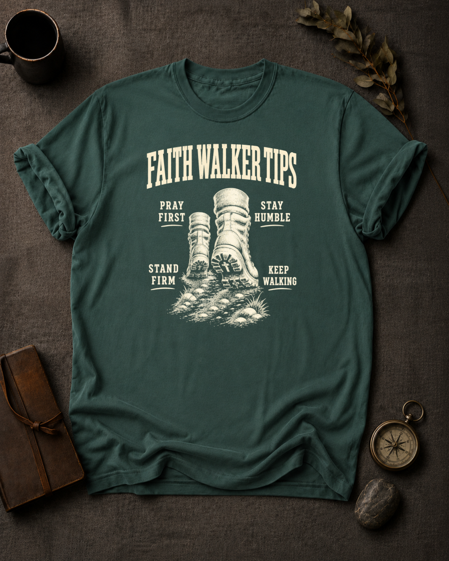 blue spruce Comfort Colors t-shirt with hiking boot illustration — 'Faith Walker Tips: Pray First, Stay Humble, Stand Firm, Keep Walking'