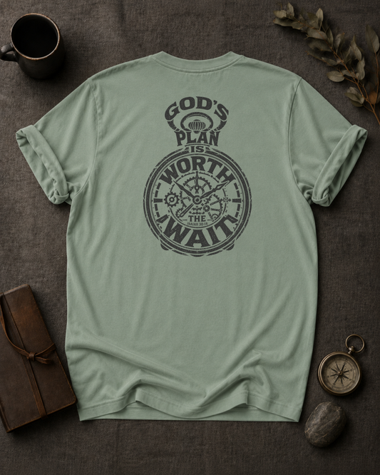 bay Comfort Colors t-shirt with vintage pocket-watch back print — 'God's Plan Is Worth the Wait'