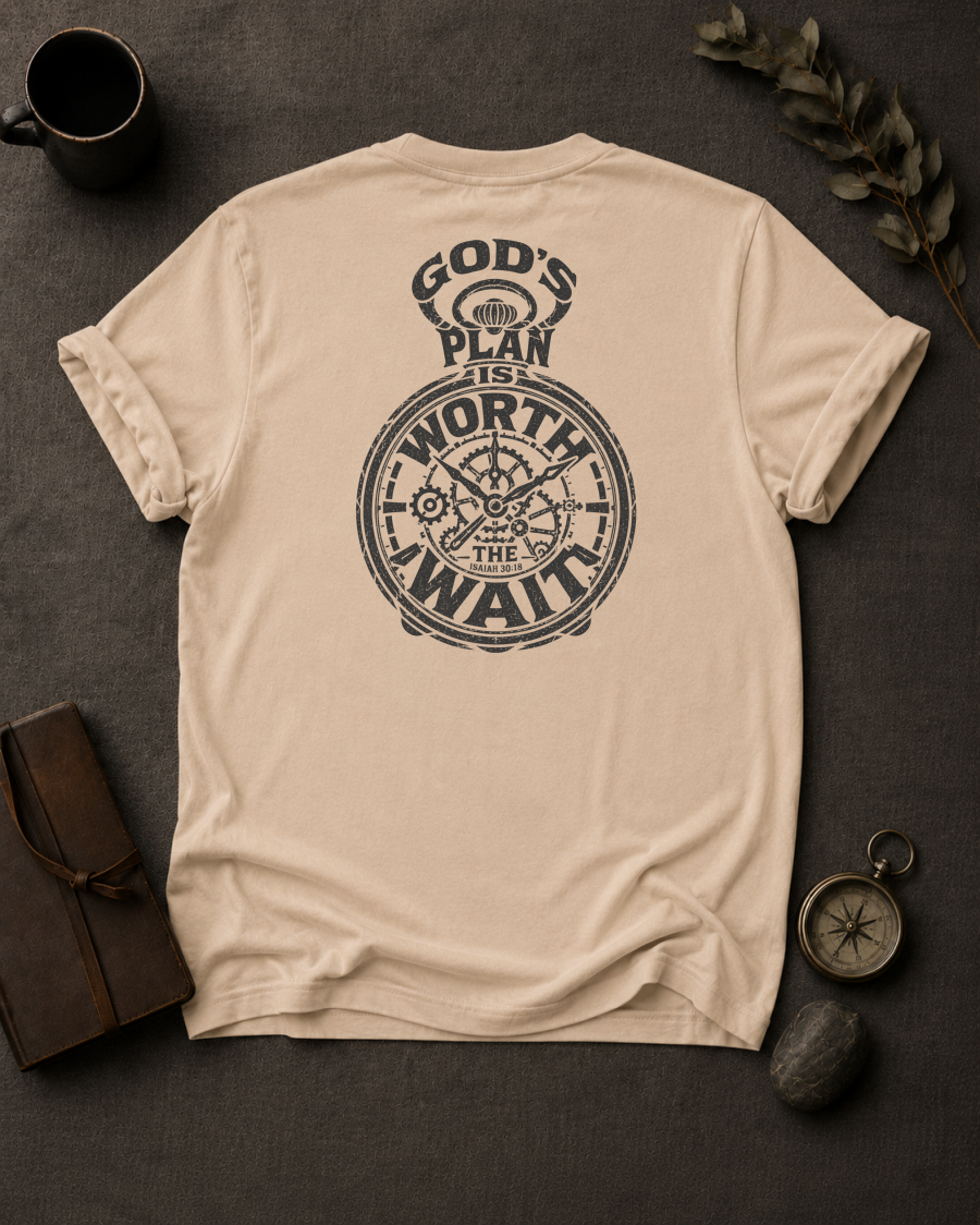 ivory Comfort Colors t-shirt with vintage pocket-watch back print — 'God's Plan Is Worth the Wait'