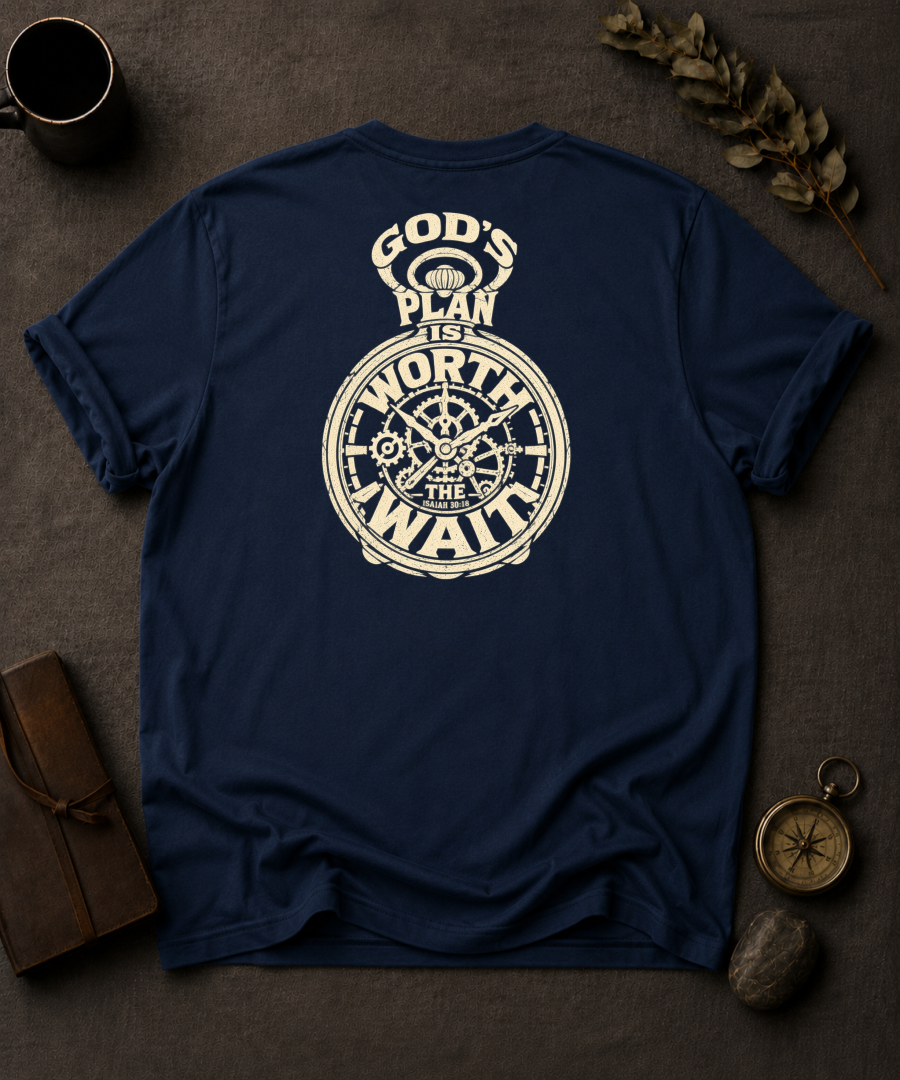 navy Comfort Colors t-shirt with vintage pocket-watch back print — 'God's Plan Is Worth the Wait'