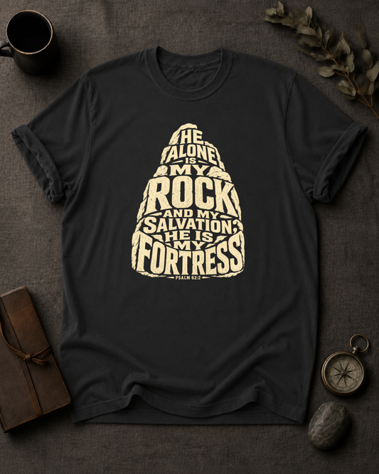 black Comfort Colors t-shirt with rock-shaped typography design, Psalm 62:2 — 'He Alone Is My Rock and My Salvation'