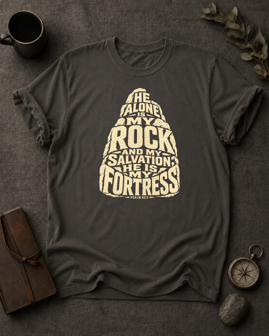 pepper Comfort Colors t-shirt with rock-shaped typography design, Psalm 62:2 — 'He Alone Is My Rock and My Salvation'
