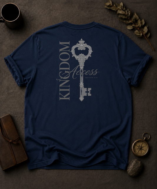 navy Comfort Colors t-shirt with ornate key back print design, Matthew 16:19 — 'Kingdom Access'