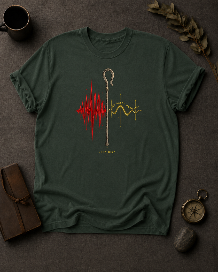 My Sheep Hear My Voice – John 10:27 Christian T-Shirt in Moss - Comfort Colors 1717 | To His Glory Club