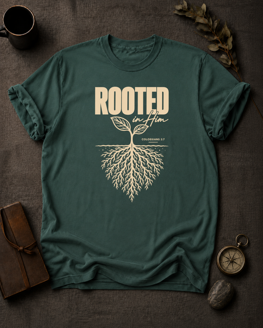 Rooted in Him Colossians 2:7 Christian T-Shirt in True Navy - Comfort Colors 1717 | To His Glory Club