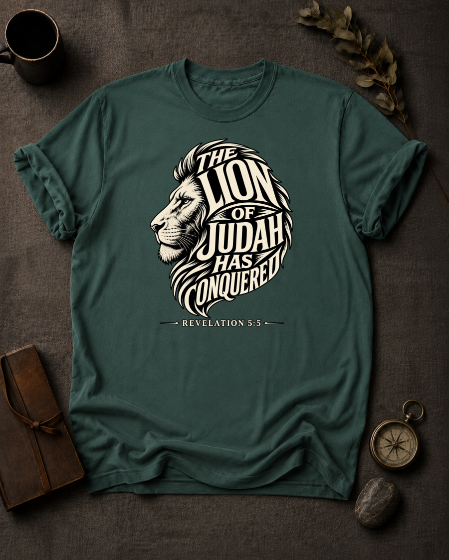 blue spruce Comfort Colors t-shirt with lion illustration, Revelation 5:5 — 'The Lion of Judah Has Conquered'