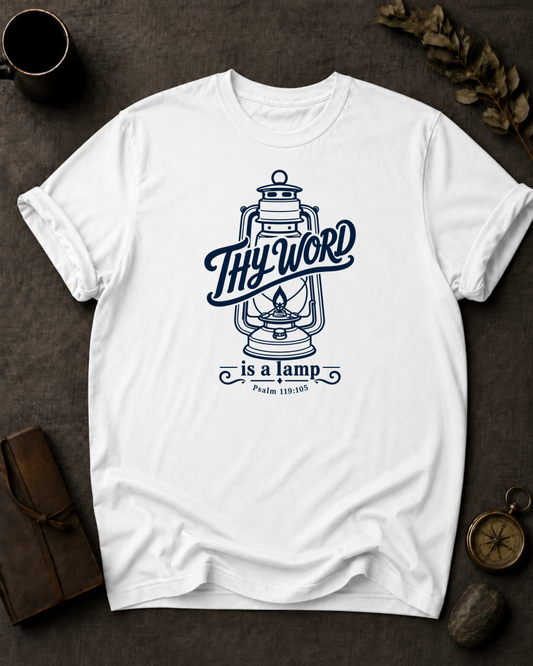 Thy Word Is a Lamp Psalm 119:105 Christian T-Shirt in White - Comfort Colors 1717 | To His Glory Club