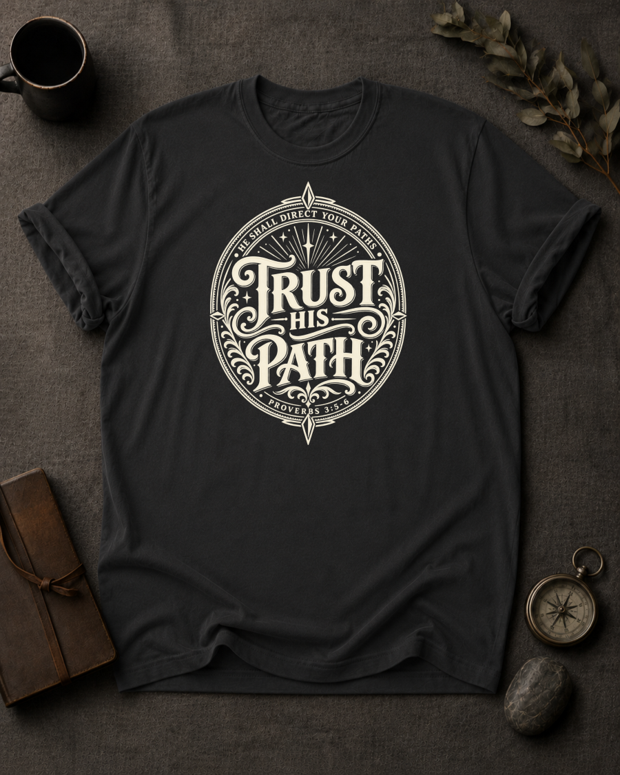 black Comfort Colors t-shirt with vintage compass design, Proverbs 3:5-6 — 'Trust in the Lord with All Your Heart'