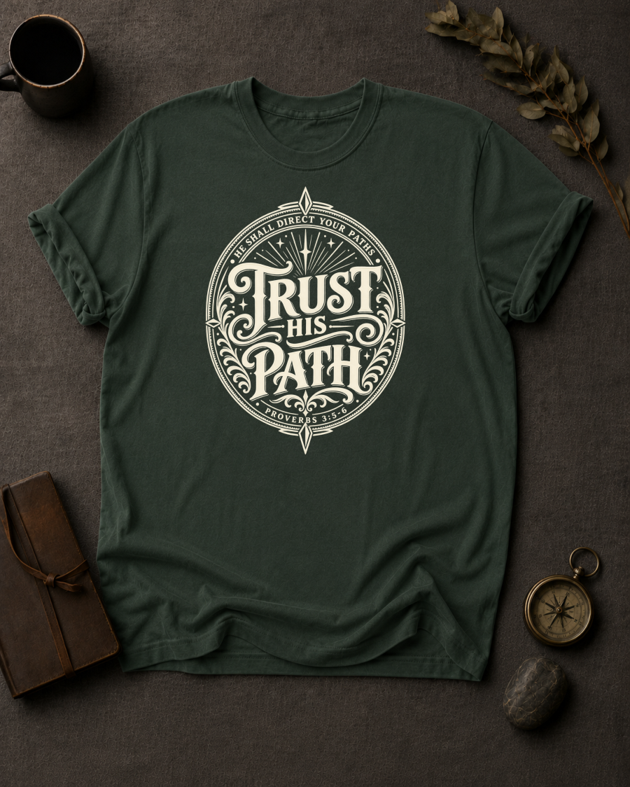moss Comfort Colors t-shirt with vintage compass design, Proverbs 3:5-6 — 'Trust in the Lord with All Your Heart'