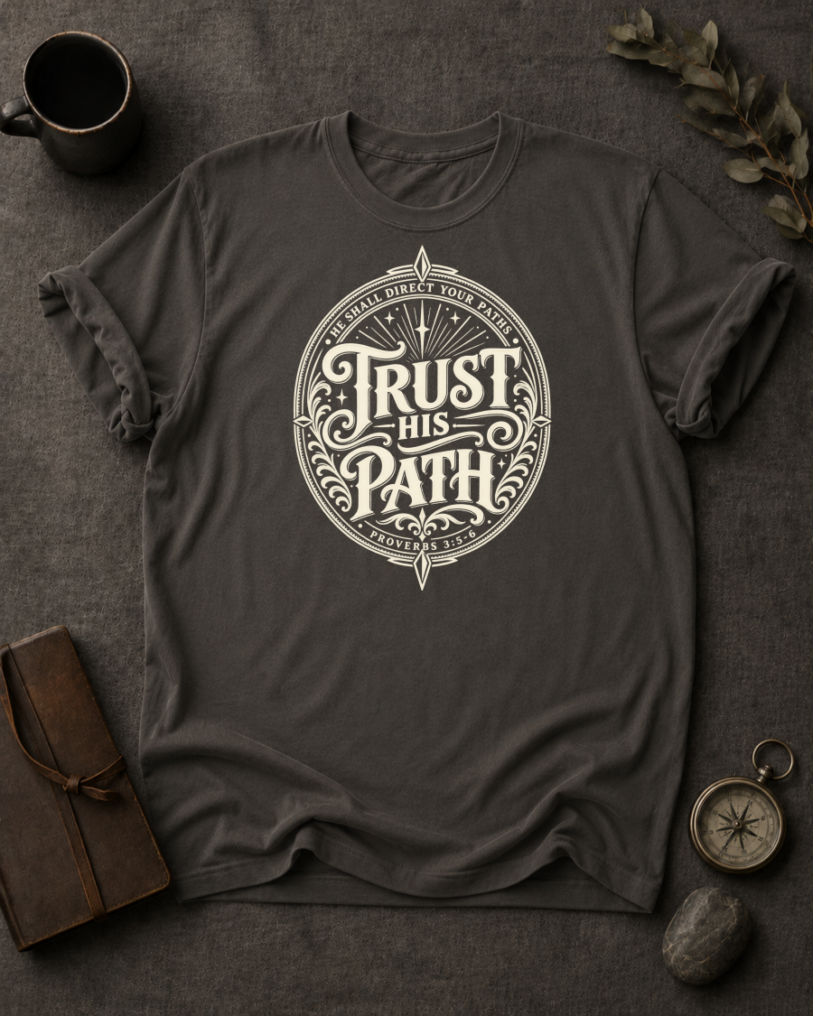 pepper Comfort Colors t-shirt with vintage compass design, Proverbs 3:5-6 — 'Trust in the Lord with All Your Heart'