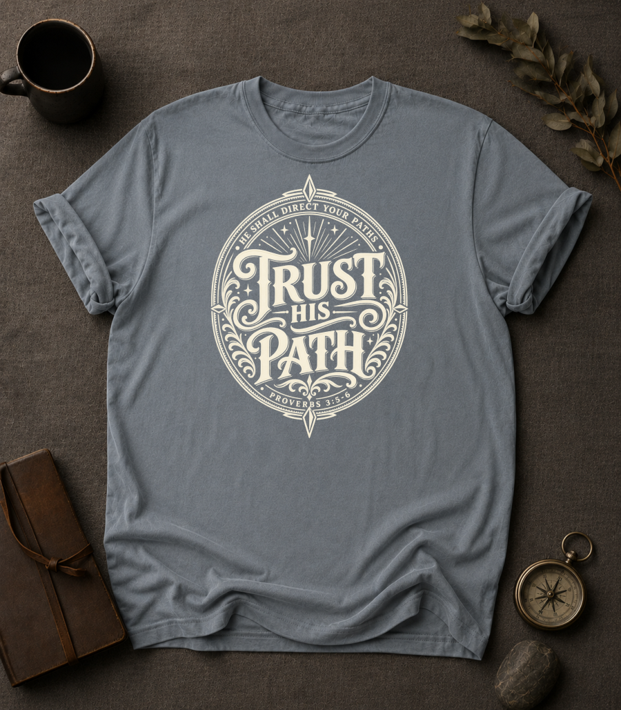 granite Comfort Colors t-shirt with vintage compass design, Proverbs 3:5-6 — 'Trust in the Lord with All Your Heart'