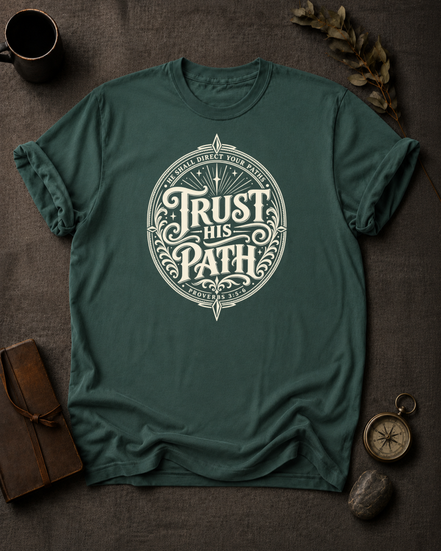 blue spruce Comfort Colors t-shirt with vintage compass design, Proverbs 3:5-6 — 'Trust in the Lord with All Your Heart'