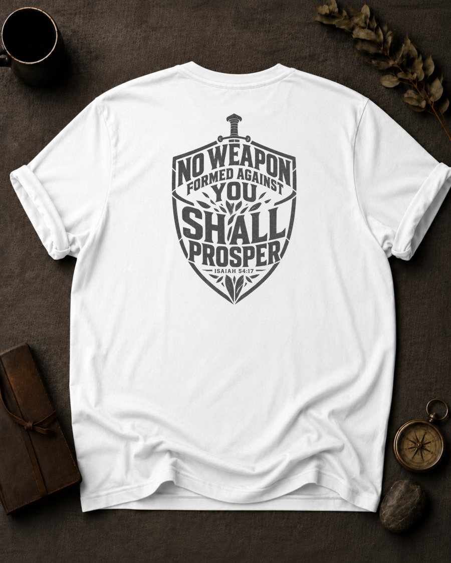 No Weapon Shall Prosper Isaiah 54:17 Back Print Christian T-Shirt in Pepper - Comfort Colors 1717 | To His Glory Club