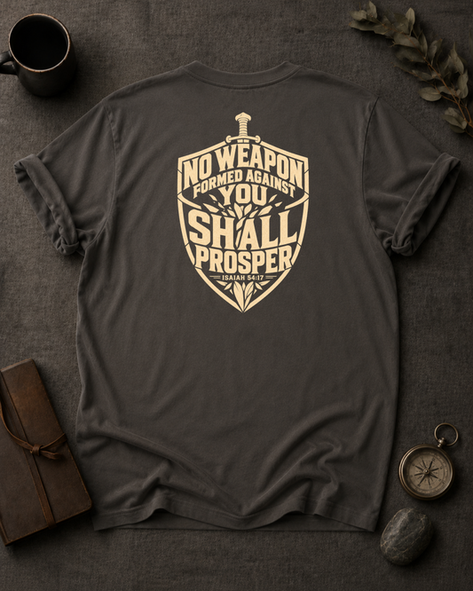 No Weapon Shall Prosper Isaiah 54:17 Back Print Christian T-Shirt in Moss - Comfort Colors 1717 | To His Glory Club