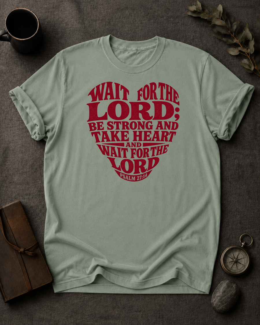 Wait for the Lord Psalm 27:14 Christian T-Shirt in Blue Spruce - Comfort Colors 1717 | To His Glory Club