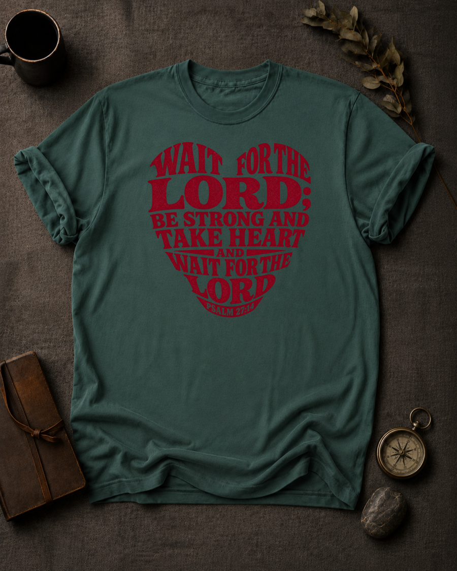 Wait for the Lord Psalm 27:14 Christian T-Shirt in True Navy - Comfort Colors 1717 | To His Glory Club