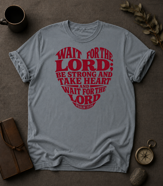 Wait for the Lord Psalm 27:14 Christian T-Shirt in Pepper - Comfort Colors 1717 | To His Glory Club