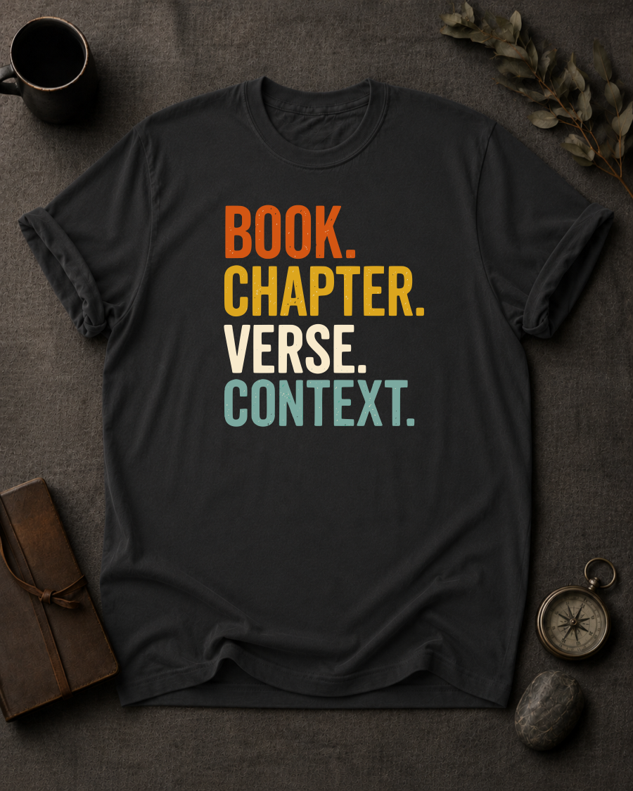 Book Chapter Verse Context Christian T-Shirt - folded flat lay