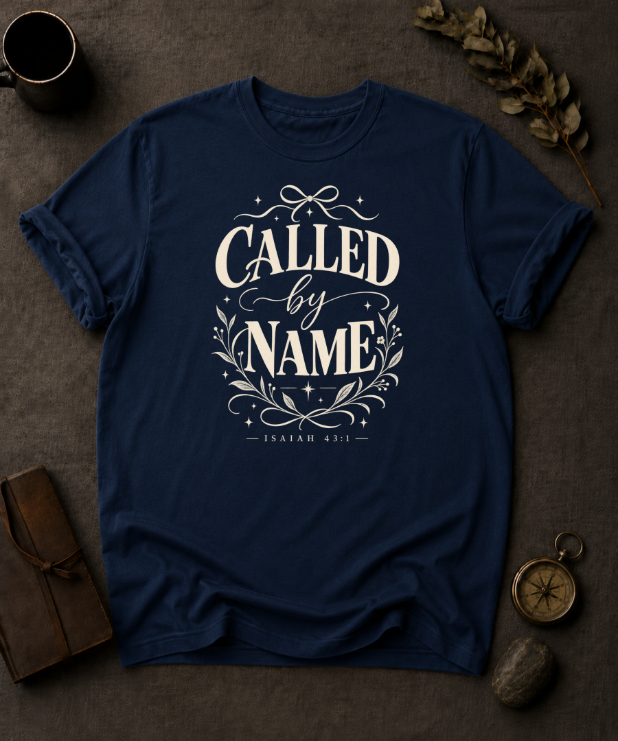 navy Comfort Colors t-shirt with vintage typography design, Isaiah 43:1 — 'Called by Name'