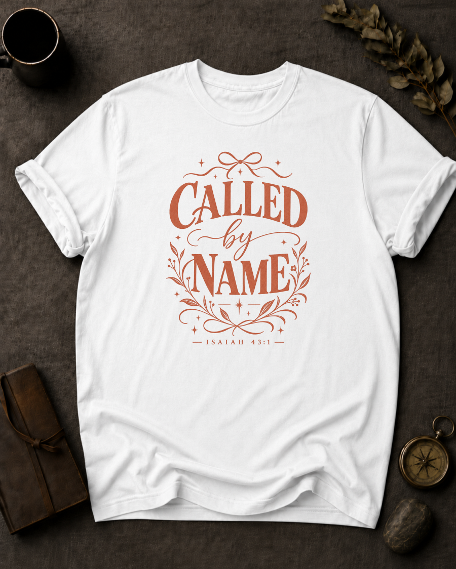 white Comfort Colors t-shirt with vintage typography design, Isaiah 43:1 — 'Called by Name'