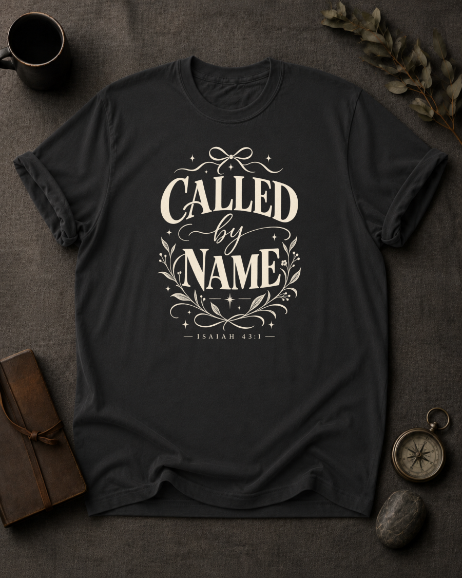 black Comfort Colors t-shirt with vintage typography design, Isaiah 43:1 — 'Called by Name'