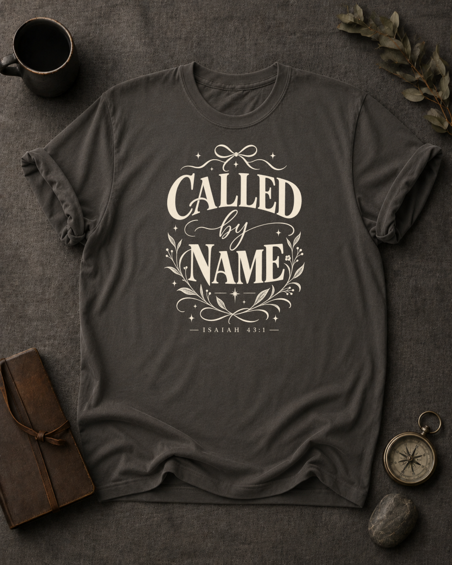 pepper Comfort Colors t-shirt with vintage typography design, Isaiah 43:1 — 'Called by Name'