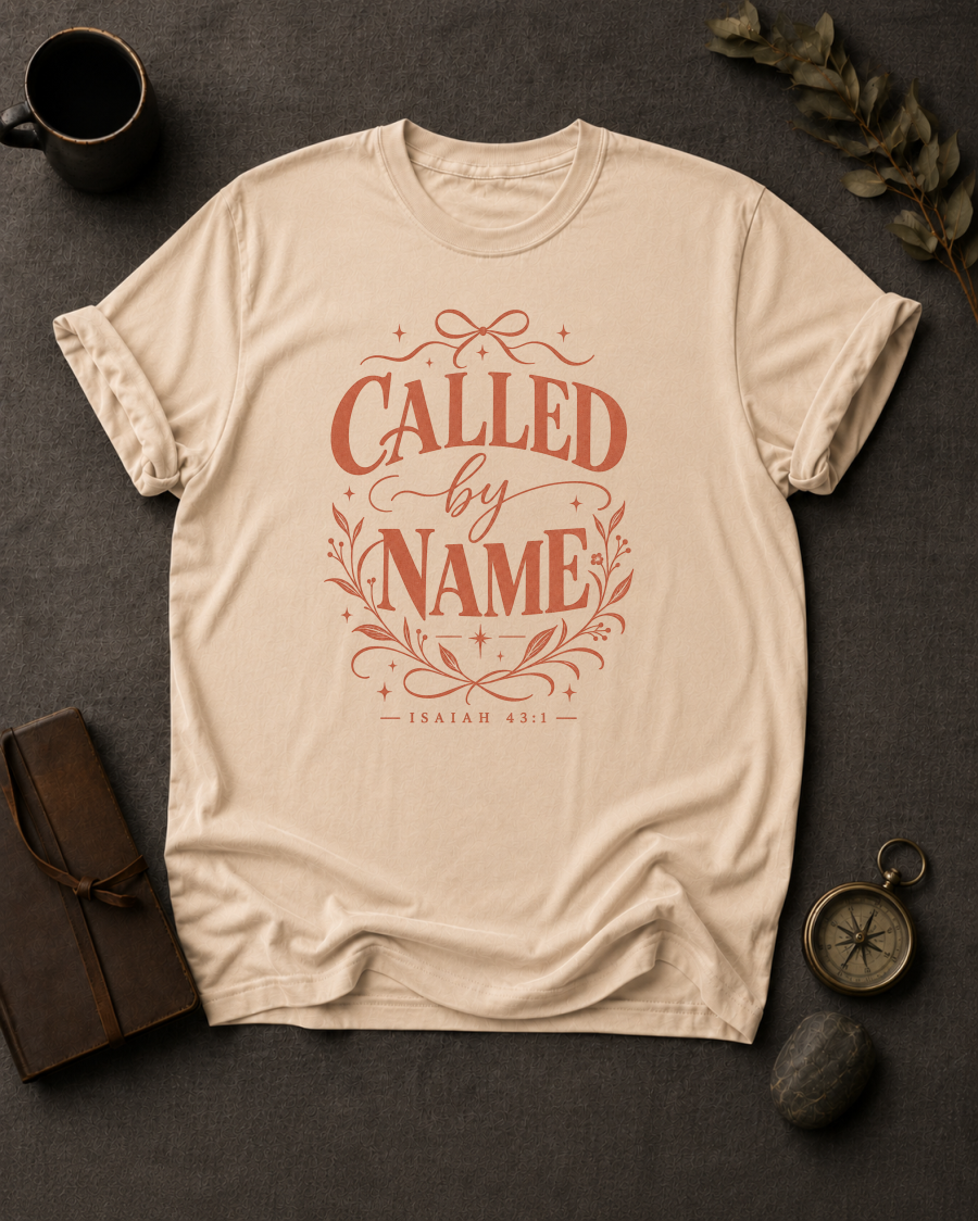 ivory Comfort Colors t-shirt with vintage typography design, Isaiah 43:1 — 'Called by Name'
